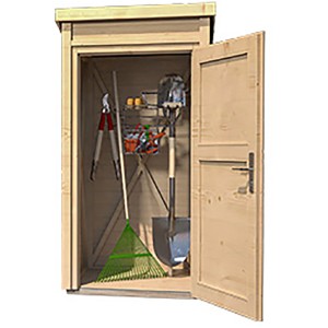 Casetta da giardino WEKA 367 Naturale, 102x95cm, con attrezzi da giardinaggio. Casetta in legno con tetto a una falda e porta aperta.