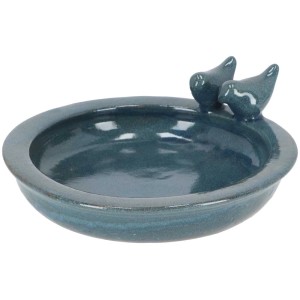 Bagno per uccelli Bolta in ceramica color petrolio con due figure di uccelli sul bordo.