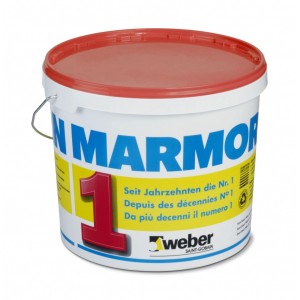 Seau d'enduit complet extérieur Marmoran Carrara Futura 2 mm, blanc avec couvercle rouge.