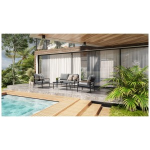 Ensemble lounge 4 pièces Acamp Lyon, aluminium anthracite avec coussins gris et table avec plateau en verre.