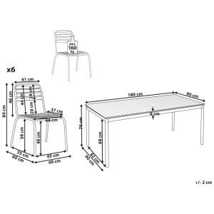 Dessin technique du salon de jardin Beliani Vallese. Montre les dimensions de la table (180x90x76 cm) et de la chaise (84 cm, 160 kg).