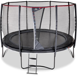Trampolino nero EXIT PeakPro Ø 366 cm con rete di sicurezza e scala.