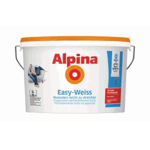 Secchio di Alpina EasyWeiss 5 l, pittura murale bianca per interni con buona copertura e facile applicazione.