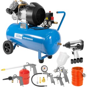 Kit compresseur Güde 400/10/50 DG, 15 pièces avec compresseur bleu, outils pneumatiques et accessoires.