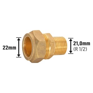 Nipplo di transizione a vite in ottone, 37 mm, per raccordi a compressione, con filettatura maschio e raccordo a compressione.