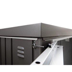 Armoire de jardin métallique Biohort gris foncé, coin supérieur avec ventilation et étagère. Rangement outils.