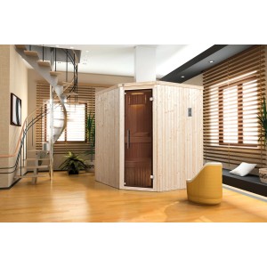 Sauna à éléments Weka Kiruna 2 avec porte en verre, poêle 4,5 kW, sauna d'angle en bois avec porte en verre graphite.