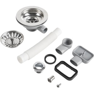 Kit de bonde Prevex 1 1/2 pouce, Ø 114 mm, chrome pour évier. Comprend siphon, crépine, joints et matériel de montage.