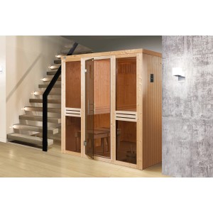 Sauna Weka Kaarina 2 con porta in vetro, legno di abete, include stufa e accessori.