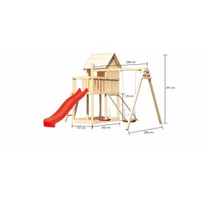 Maisonnette sur pilotis Karibu Frieda avec balançoire double, toboggan rouge et rampe en filet. Tour de jeu en bois pour enfants.