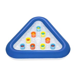 Bestway Pong : plateforme flottante triangulaire avec trous et balles colorées pour jeux de piscine.