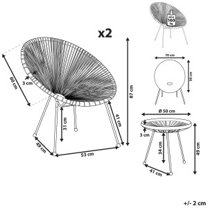 Schizzo del set bistrot Acapulco II bianco con dimensioni di sedie e tavolo.