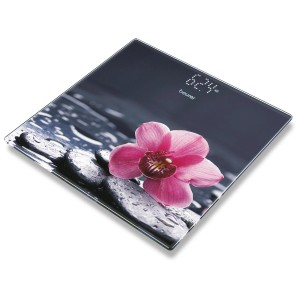 Pèse-personne en verre Beurer GS215 avec motif floral et affichage. Balance de salle de bain.