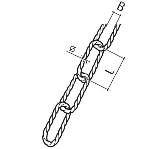Abbildung einer Conacord Zierkette aus Stahl, gedreht, in Kupfer-Braun mit Maßangaben.