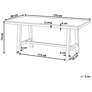 Schizzo del tavolo da giardino Scania in legno di acacia, piano marrone, gambe nere, dimensioni 74x80x170 cm.