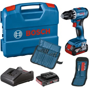 Set avvitatore a batteria Bosch Professional GSR 18V-45 con batterie, caricabatterie e valigetta.