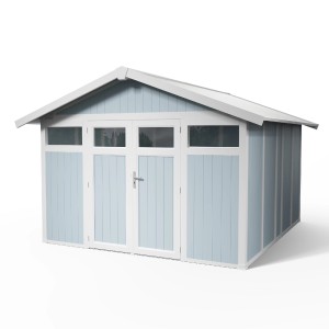 Abri de jardin Grosfillex Utility 11 gris-bleu, 11 m², avec double porte et fenêtres. Idéal pour le rangement dans le jardin.