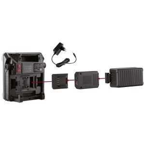 Lampe de travail LED Kraftwerk 5000 avec batterie, adaptateur et chargeur en détail.