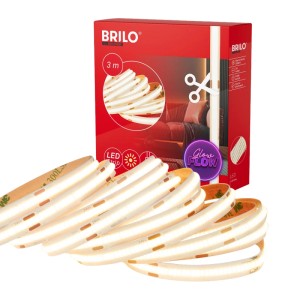 Brilo Striscia LED COB, 3 m, bianco caldo, autoadesiva, tagliabile. Dettaglio della striscia LED e della confezione.