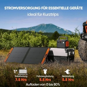 Pannello solare Jackery Saga 100W con power station e frigo portatile in uso esterno.