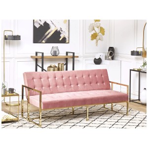 Canapé convertible rose Marstal avec revêtement en velours et structure en métal doré.