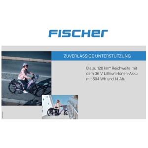 Vélo électrique Fischer City Cita 4.1i, noir mat, avec cadre ouvert et batterie 504 Wh.