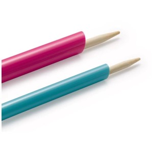 Set per girare Prym Love, 2 misure: tubo in plastica rosa e turchese con strumento in bambù per lavori creativi.
