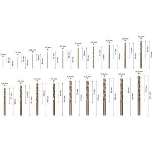 Set punte metallo Bosch HSS-CO, 19 pz, Ø 1-10 mm, color oro, con indicazioni di misura.