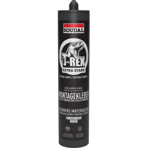 Adesivo di montaggio Soudal T-Rex Extra Forte, cartuccia bianca per interni ed esterni.