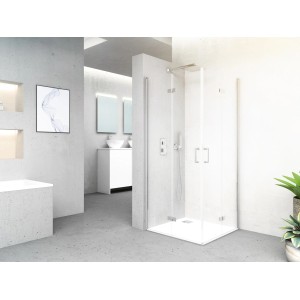 Cabine de douche baliv DUK-90.70E, 90x90 cm, chrome, avec portes pliantes et effet perlant dans la salle de bain.