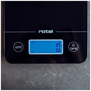 Schwarze Rotel Küchenwaage mit Touchscreen und digitaler Anzeige bis 5 kg.