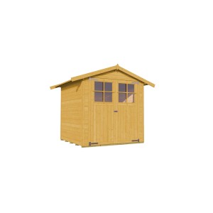 Abri de jardin en bois Weka lasuré chêne clair avec toit à deux pentes et double porte.