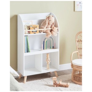 Étagère pour enfants Beliani Liloet blanche en MDF avec bord supérieur arrondi et pieds en pin, avec livres et jouets.