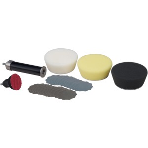 Set per levigatura e lucidatura Proxxon con platorello, prolunga, dischi abrasivi e spugne per lucidare.