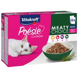 Vitakraft Poesie Classique Meaty Sauce cibo umido per gatti, multipack 12x85g con pollo, anatra, agnello e selvaggina.
