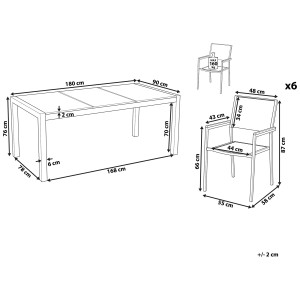 Schéma : Ensemble de meubles de jardin Beliani Grosseto avec dimensions de la table et des chaises.