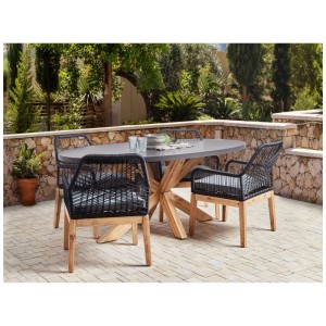Beliani Oristano ensemble jardin 5 p.: Table ovale fibrociment, 4 chaises tressées noires acacia sur terrasse.