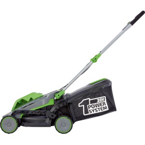 Tagliaerba a batteria LUX-TOOLS 20 V con cesto di raccolta, batteria e caricabatterie.