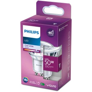 Confezione di una lampadina riflettente Philips LED GU10 50W. A risparmio energetico e di lunga durata.