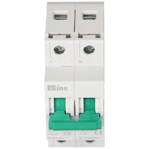 Interruttore automatico 1P+N 20A, 10kA, larghezza 35mm, per impianti elettrici.
