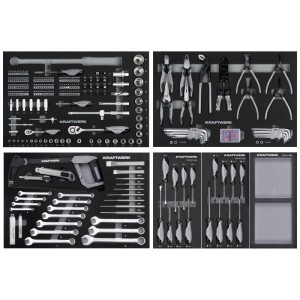 Kraftwerk LT700 carrello officina: Assortimento di utensili con bussole, pinze, cacciaviti e altro.