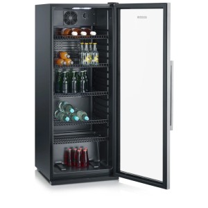 Severin Flaschenkühlschrank FKS 8841, Edelstahl/Schwarz, 237 l, mit Glasfront und Getränken.