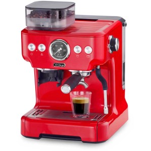 Macchina da espresso rossa Trisa Barista Plus con contenitore per chicchi e tazza di espresso.