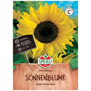 Sperli Semi di girasole Hohe Riesen, confezione con fiore giallo e informazioni sulla coltivazione.