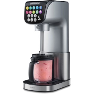 Gelatiera Trisa Creamolino con display touch e contenitore con gelato rosa.