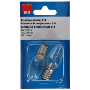 Due lampadine di ricambio E14 trasparenti per luci notturne, 7W, in blister.