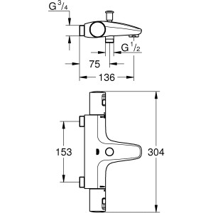 Disegno tecnico: Miscelatore termostatico per vasca Grohe Precision Start in cromo con dimensioni.