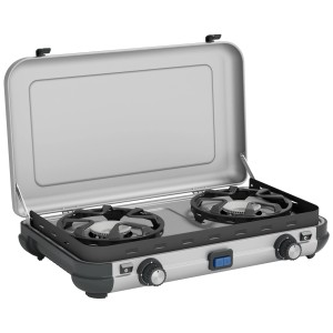 Fornello da campeggio Campingaz Camping Kitchen 2 Maxi con due bruciatori e paravento.