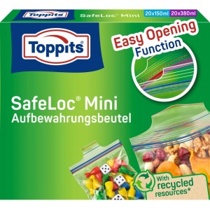 Toppits Mini sacchetti con zip 150/380 ml. Confezione verde con chiusura SafeLoc, mostra sacchetti per alimenti.