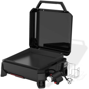Weber Premium Plancha Slate GP, schwarzer Gasgrill mit geöffnetem Deckel und Grillplatte.